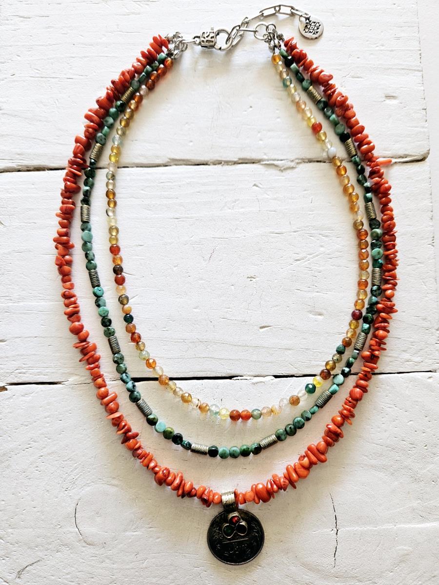 Collar triple coral y turquesa | 1435 | Bohemian Barcelona, freespirit, lifestyle.